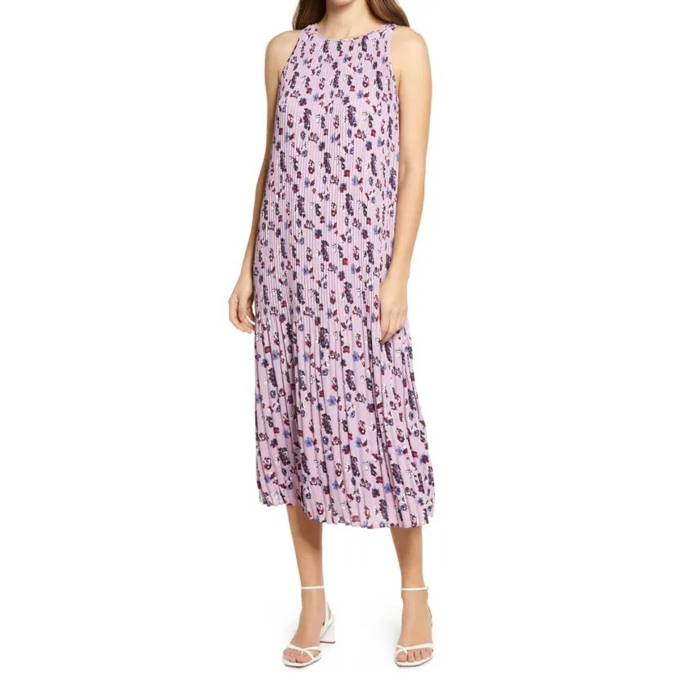 New Halogen(r) Women's Size S Sleeveless Pleated Purple Darota Floral Midi Dress